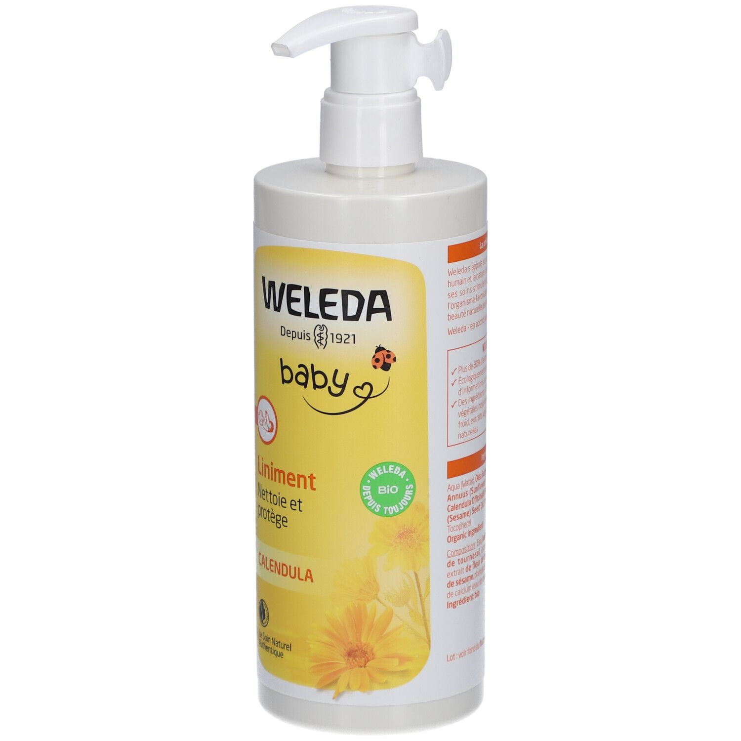Flacon de liniment Weleda Baby avec pompe. Étiquette jaune et blanche. Informations produit et logo.