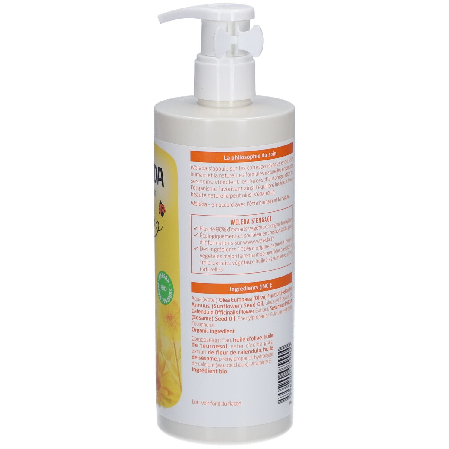 Flacon Weleda Baby. Étiquette jaune et blanche avec informations, ingrédients et logo.