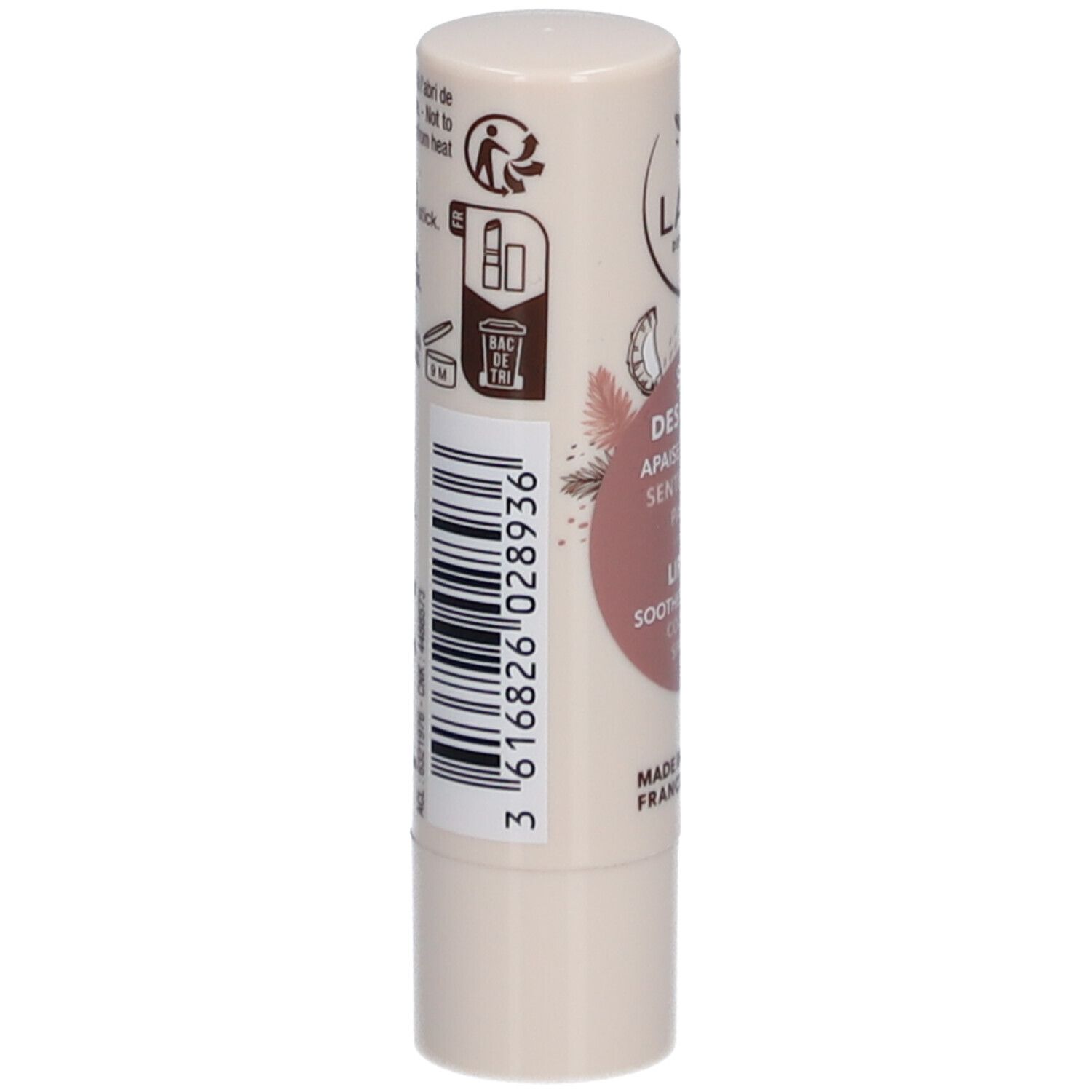 Lippenpflegestift, Rückseite. Barcode und Text. Text: Soin des lèvres, Coco. Hergestellt in Frankreich. 97% Inhaltsstoffe natürlichen Ursprungs.