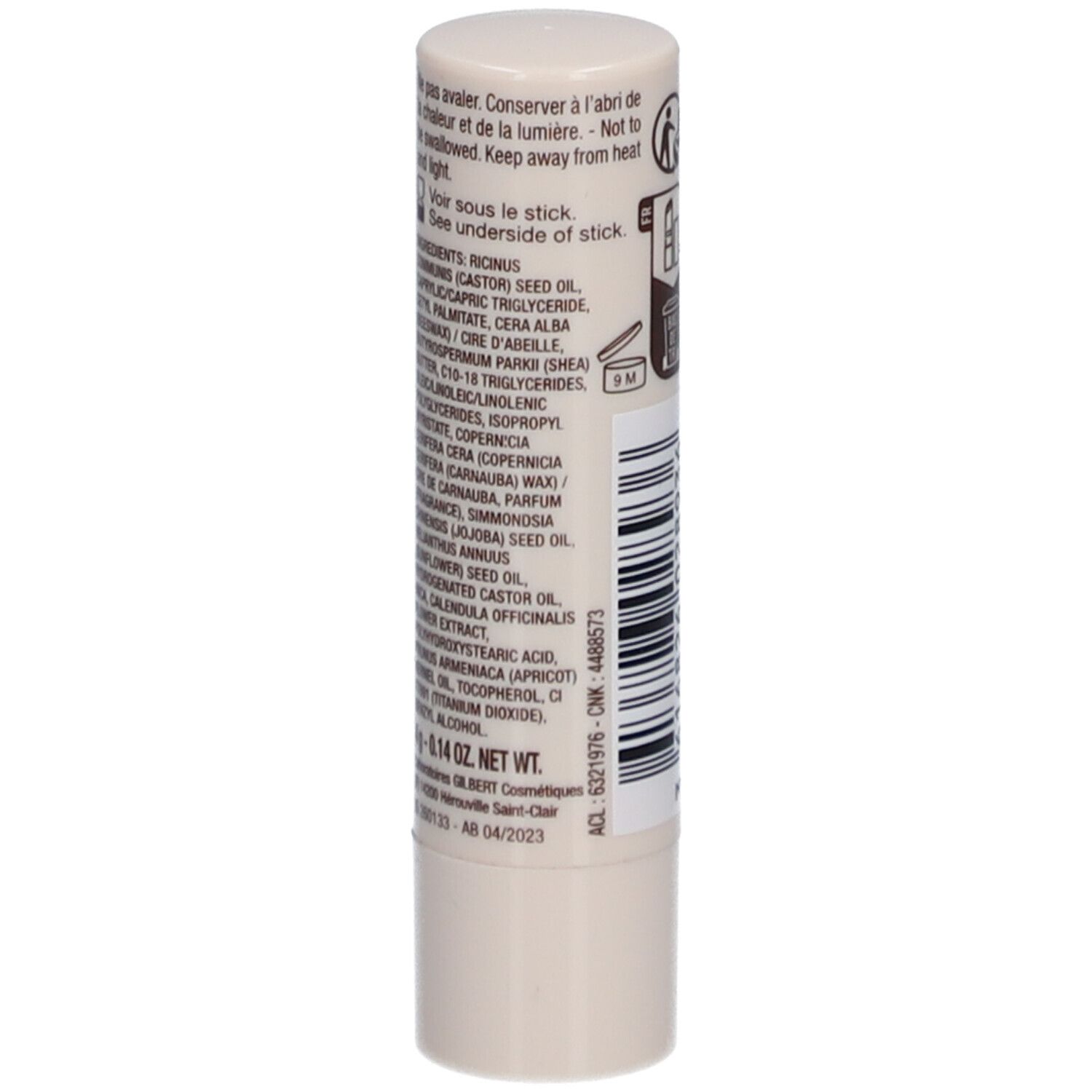 Lippenpflegestift, Rückseite. Text: Inhaltsstoffe, 4g, Netto. Ablaufdatum 04/2023. Hergestellt in Frankreich. Warnhinweise.
