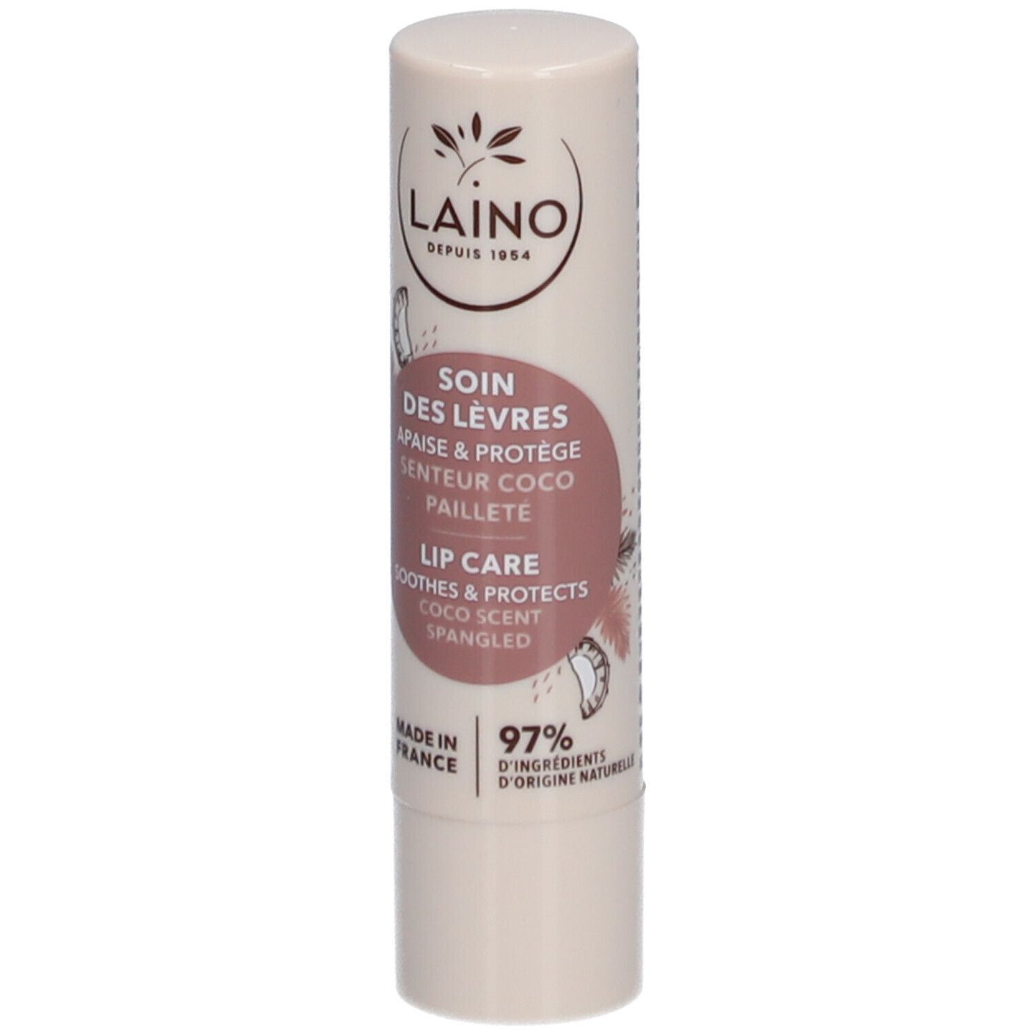 Laino Lippenpflege Coco. Stift mit weißem Deckel und hellbraunem Körper. Text: Soin des lèvres, Coco, 97% Inhaltsstoffe.