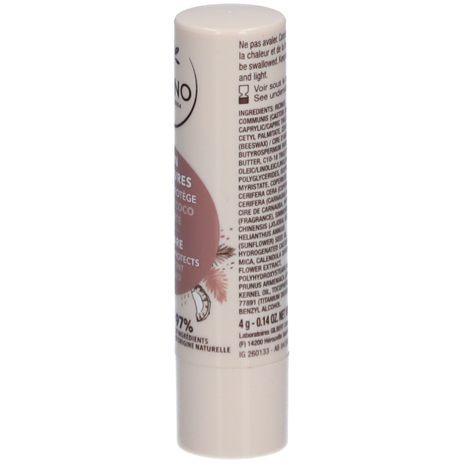 Lippenpflegestift, Rückseite. Text: Inhaltsstoffe, 4g, Netto. Ablaufdatum 04/2023. Hergestellt in Frankreich. Warnhinweise.