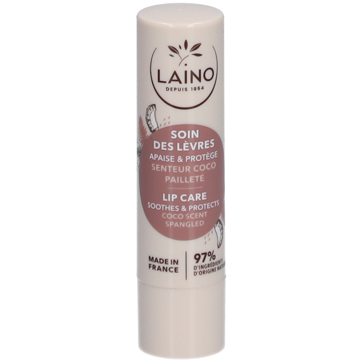 Laino Lippenpflege Coco. Stift mit weißem Deckel und hellbraunem Körper. Text: Soin des lèvres, Coco, 97% Inhaltsstoffe.