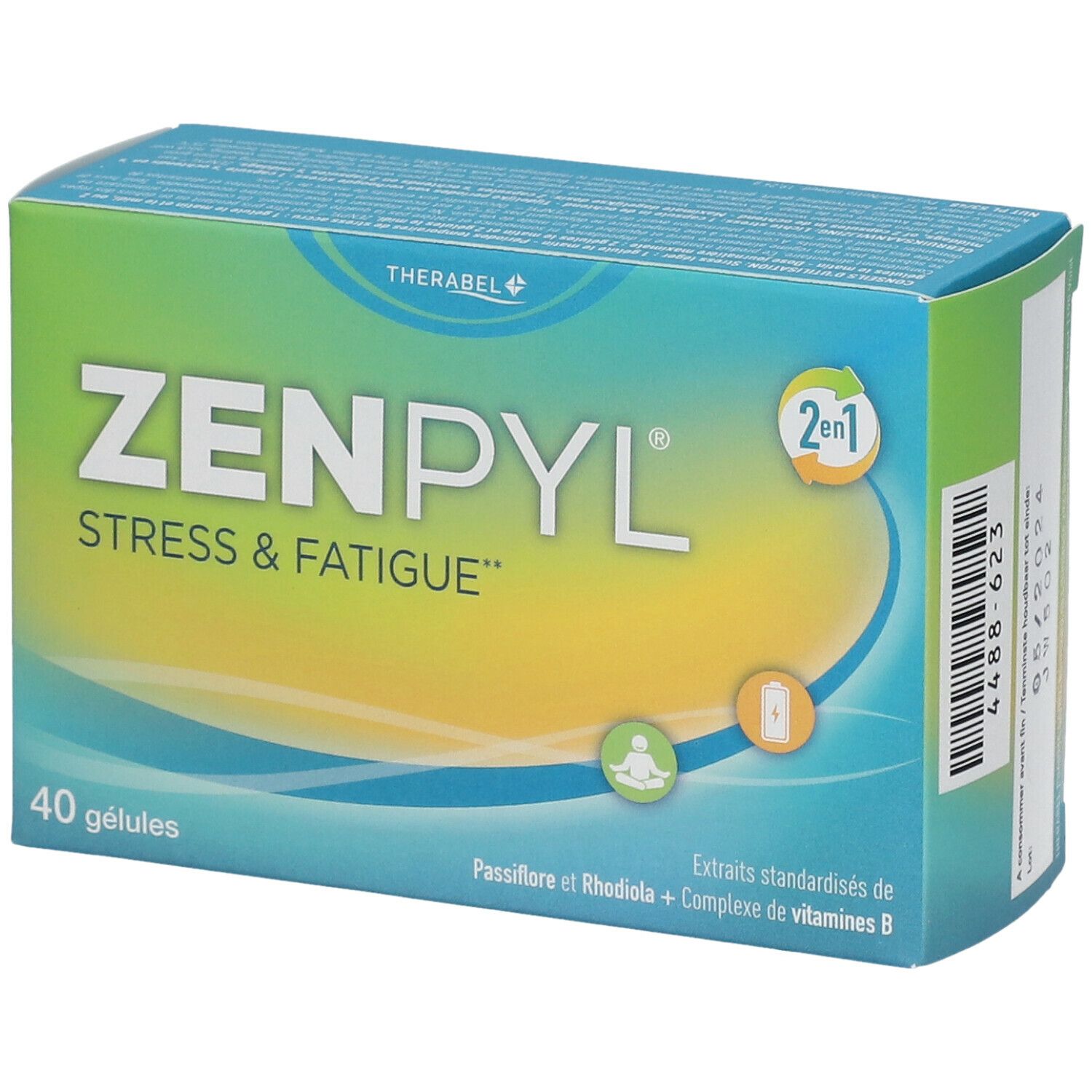 Doosje Zenpyl met "Stress & Fatigue". Bevat 40 capsules. Groen en blauw van kleur.