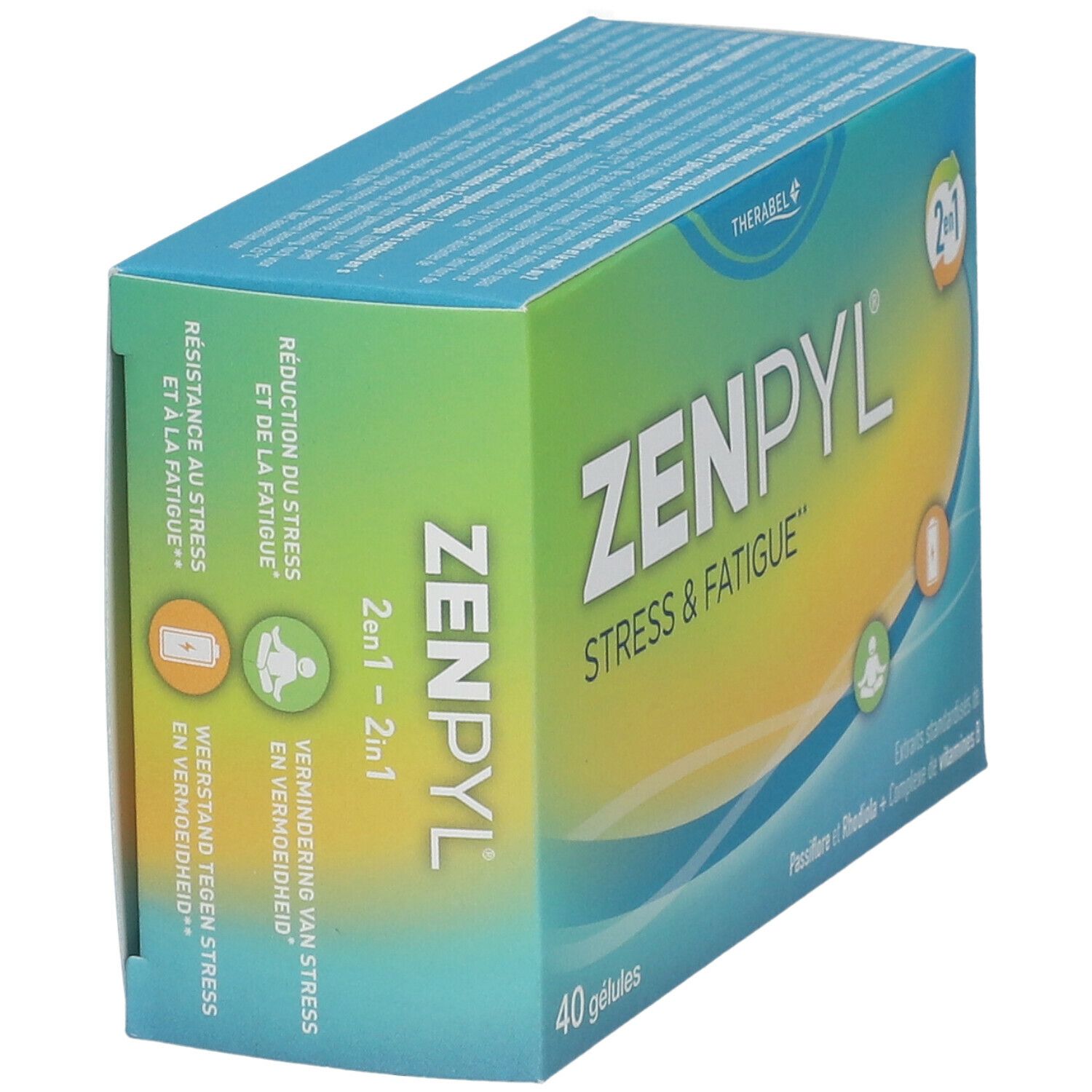Doosje Zenpyl met "Stress & Fatigue". Bevat 40 capsules. Groen en blauw van kleur.