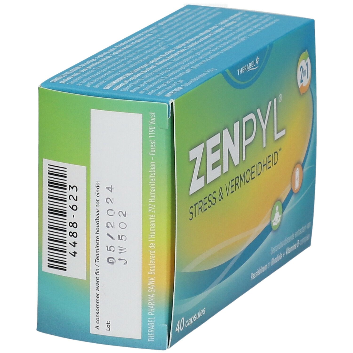 Doosje Zenpyl met "Stress & Vermoeidheid". Bevat 40 capsules. Groen en blauw van kleur.