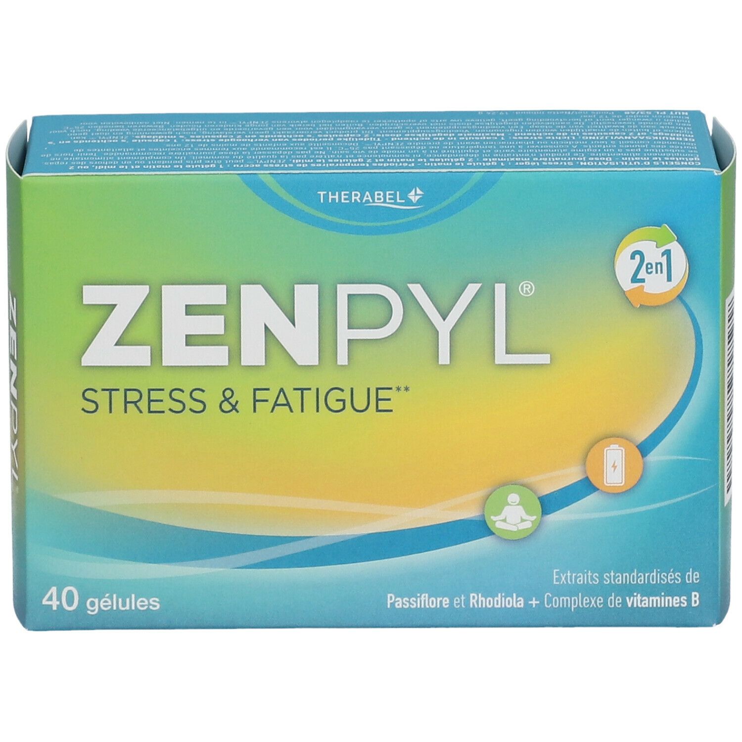 Doosje Zenpyl met "Stress & Fatigue". Bevat 40 capsules. Groen en blauw van kleur.