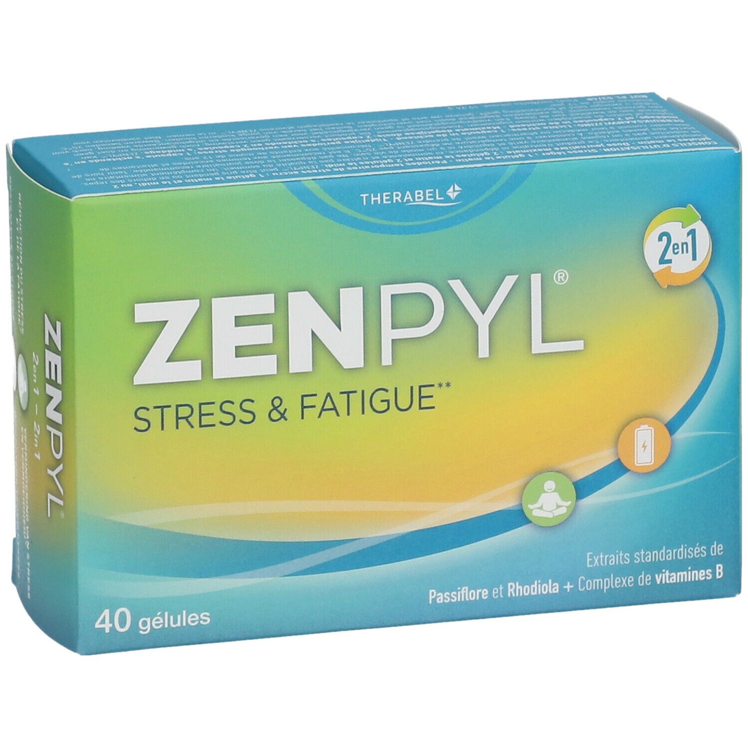 Doosje Zenpyl met "Stress & Fatigue". Bevat 40 capsules. Groen en blauw van kleur.