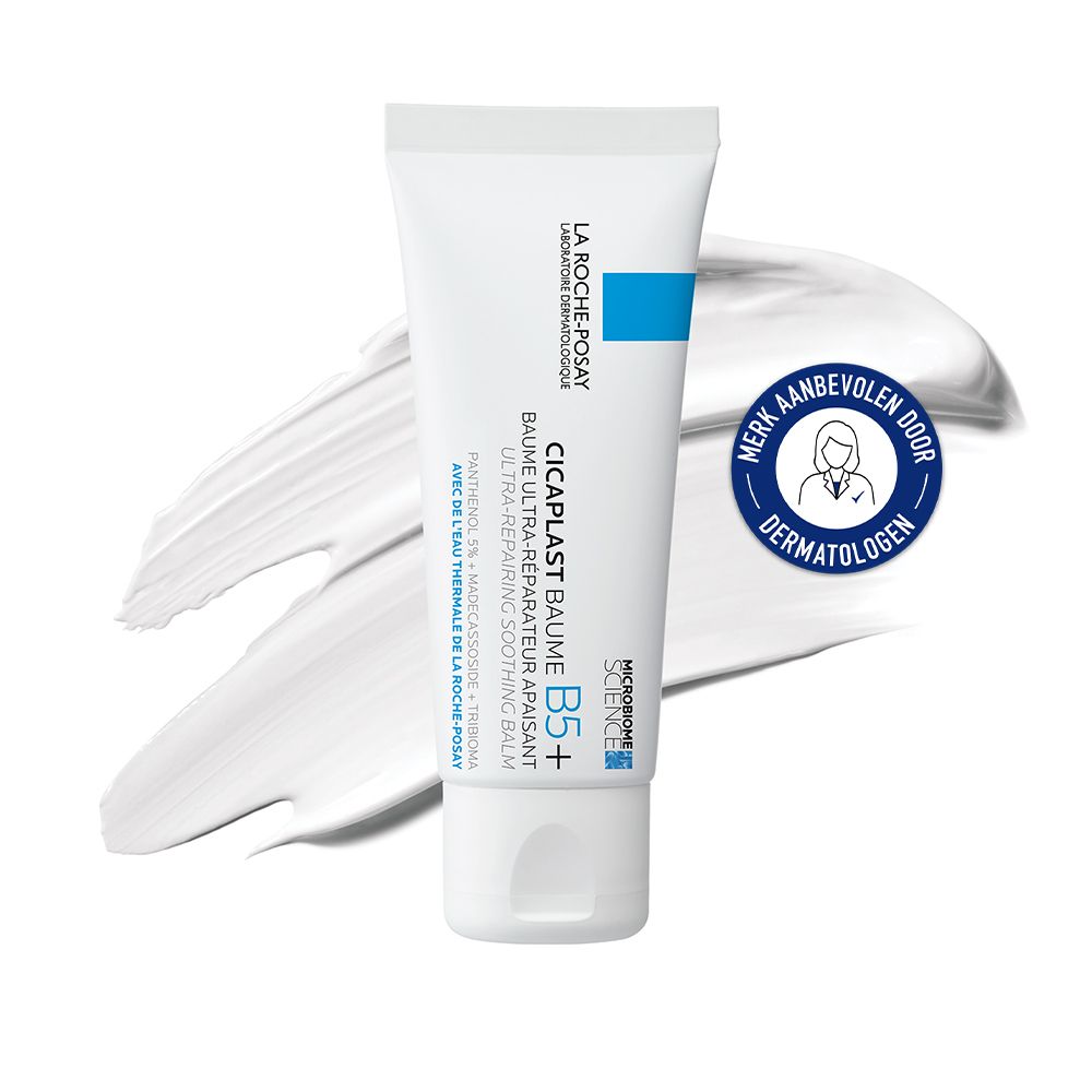 Witte tube met blauwe accenten. Tekst: La Roche-Posay, Cicaplast Baume B5+. Zegel.