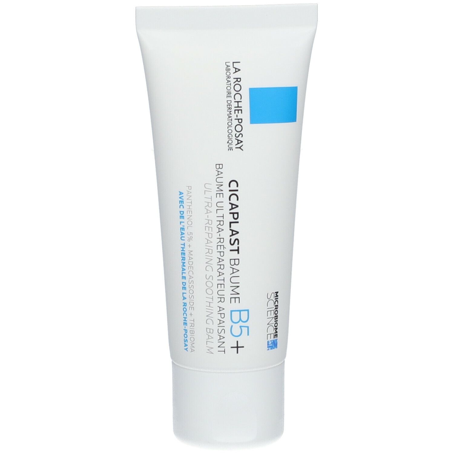 Witte tube met blauwe accenten. Tekst: La Roche-Posay, Cicaplast Baume B5+. Productnaam en merk zichtbaar.