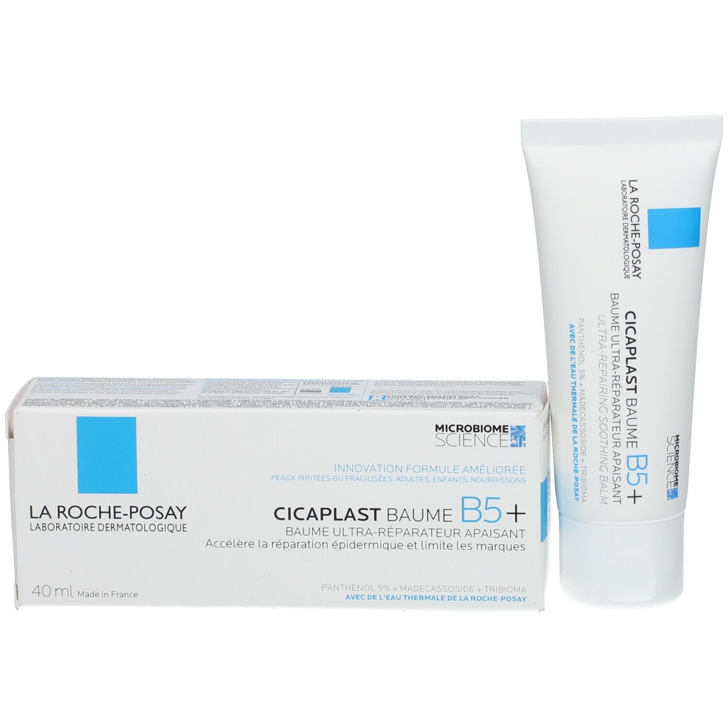 Product en verpakking. Witte tube en doos met blauwe accenten. Tekst: La Roche-Posay, Cicaplast Baume B5+.