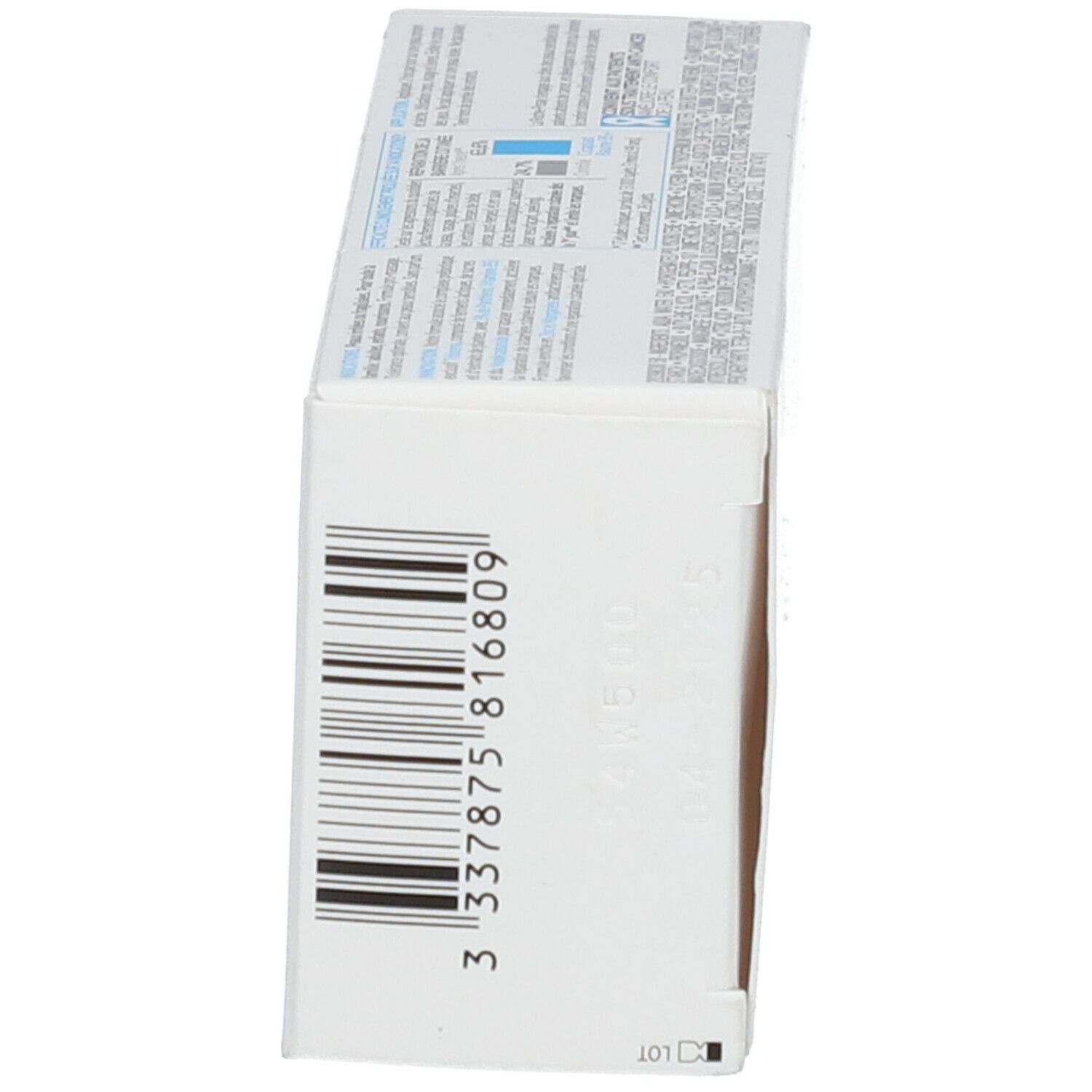 Zijaanzicht van de doos. Barcode en tekst zichtbaar. Productnaam en merk niet zichtbaar.