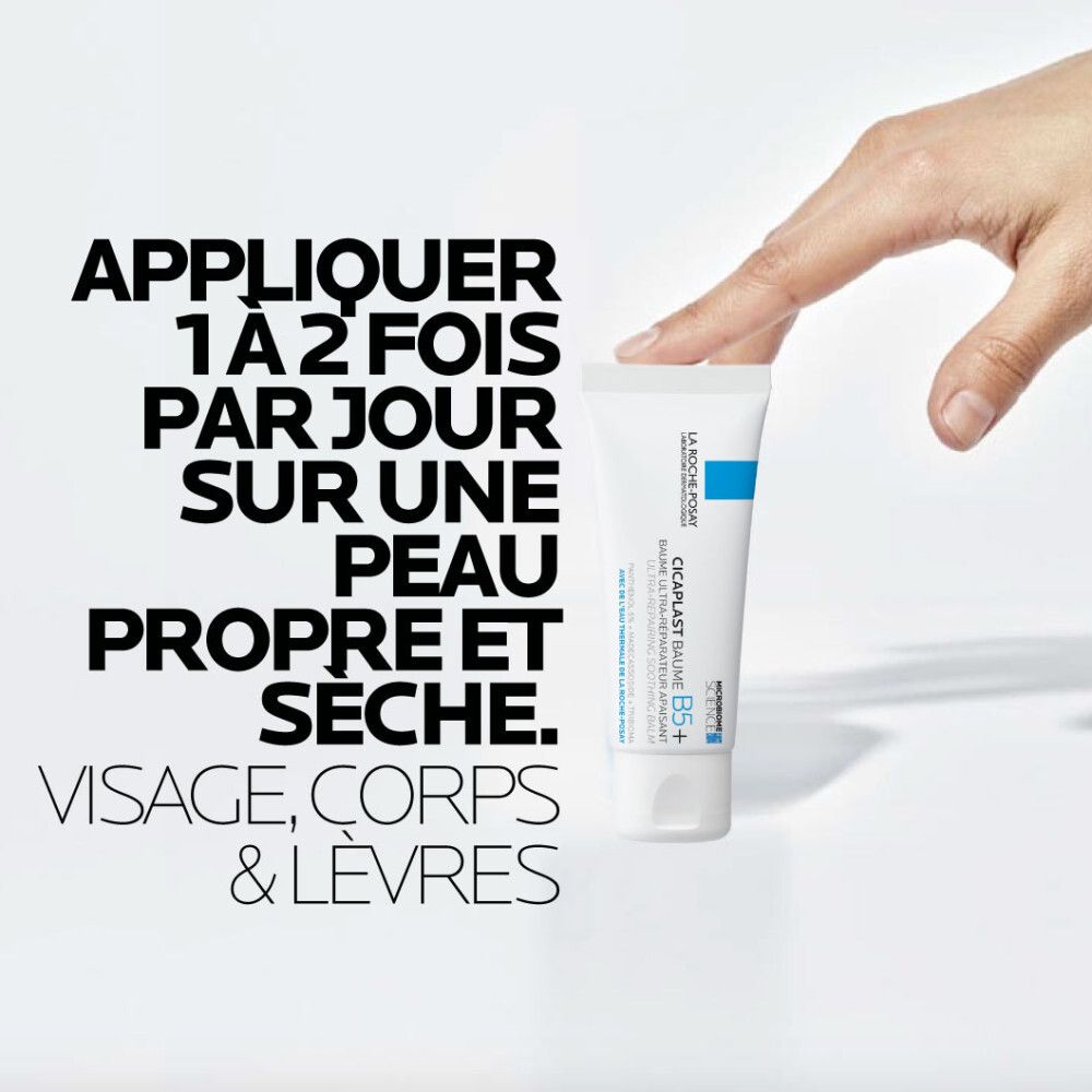 Main avec tube. Texte : La Roche-Posay, Cicaplast Baume B5+. Instructions d'utilisation.