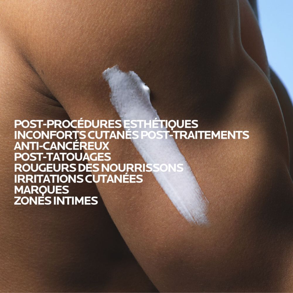 Produit sur la peau. Texte : Post-procédures, irritations, etc. Nom du produit et marque non visibles.