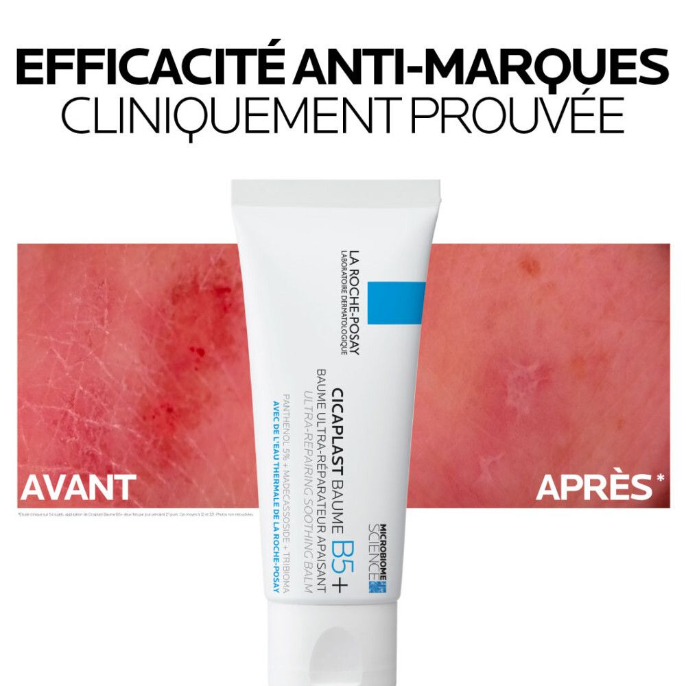Image avant-après. Texte : Cicaplast Baume B5+. Nom du produit et marque visibles.