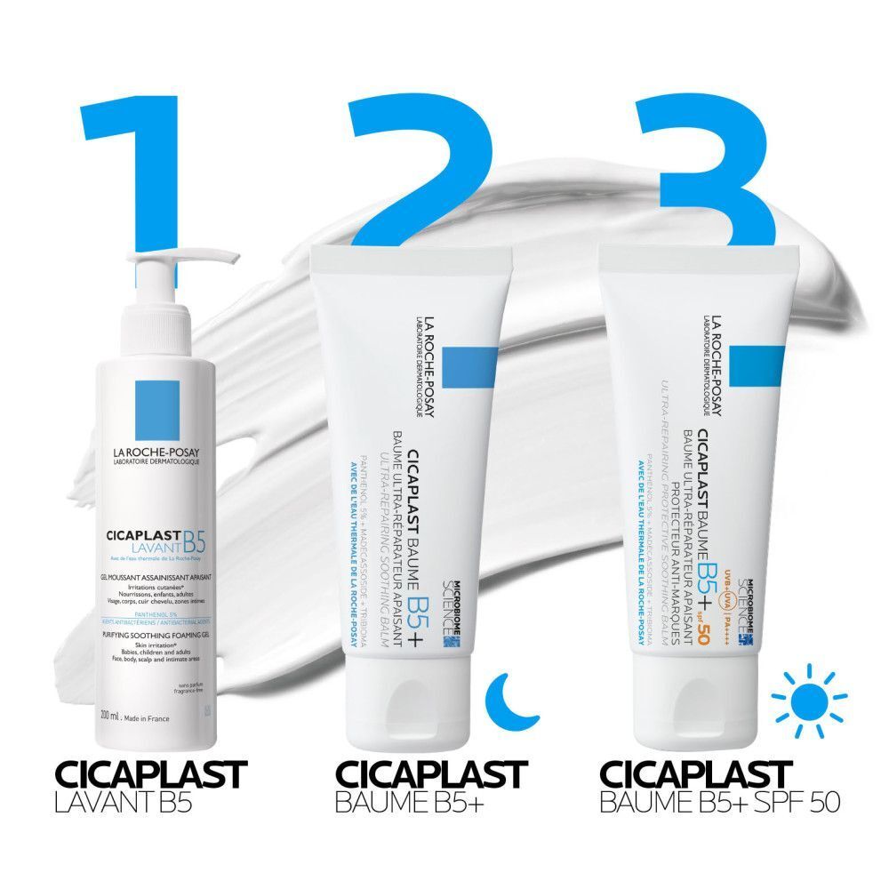 Drie producten. Tekst: Cicaplast Lavant B5, Cicaplast Baume B5+, Cicaplast Baume B5+ SPF 50.