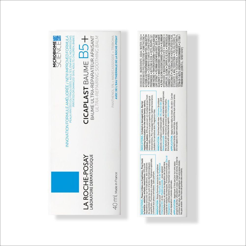 Verpakking. Tekst: La Roche-Posay, Cicaplast Baume B5+. Productnaam en merk zichtbaar.