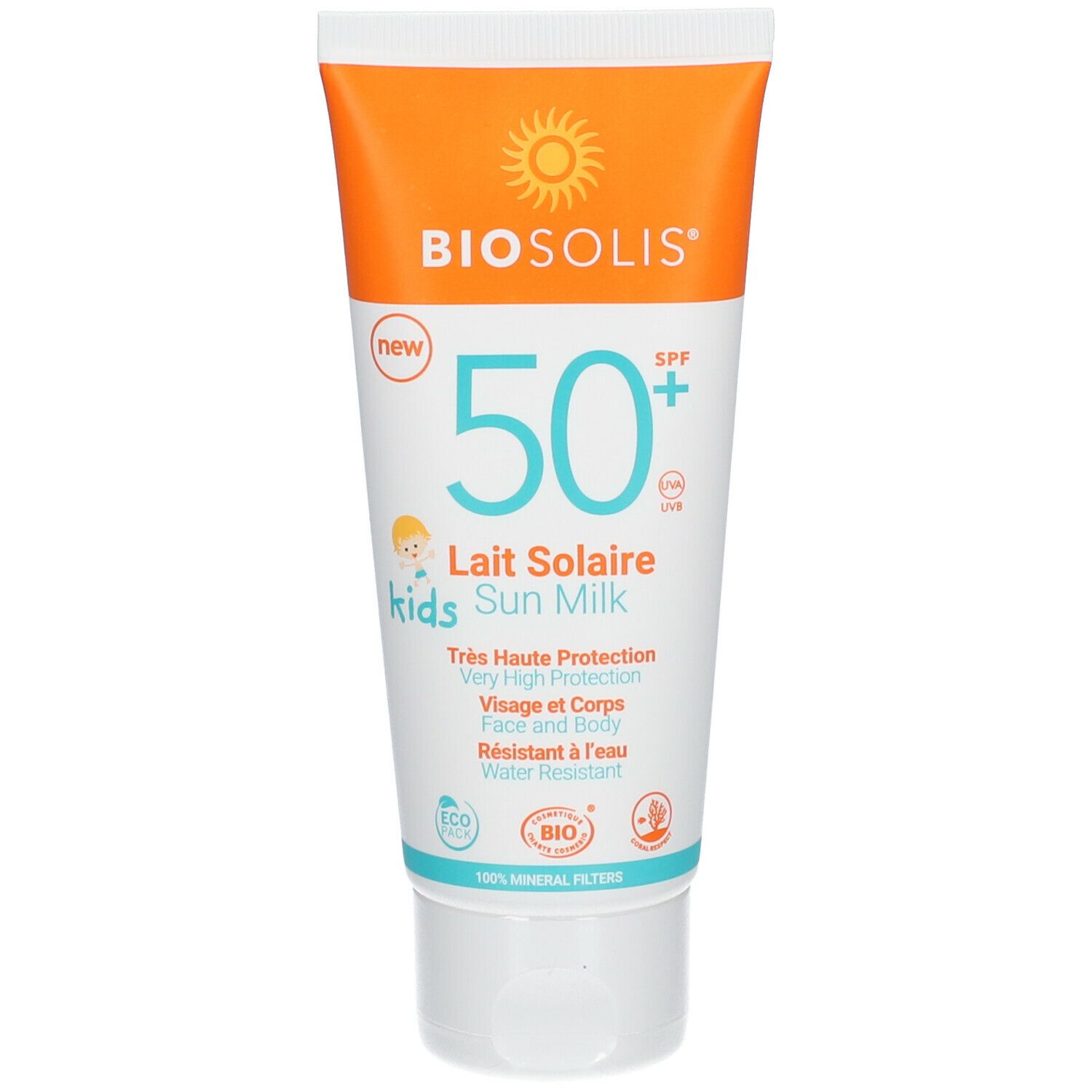 Tube de lait solaire SPF 50+. Emballage orange et blanc. Texte : Lait Solaire Kids, Sun Milk, Très Haute Protection.