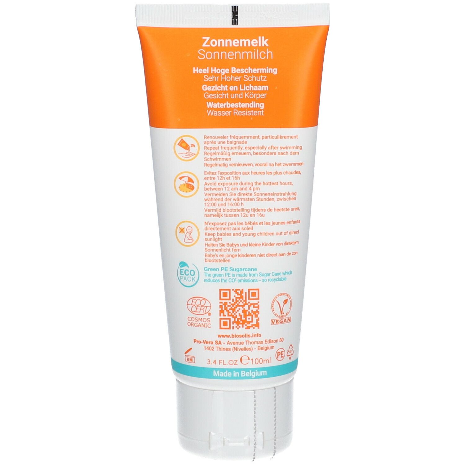 Dos d'un tube de lait solaire. Texte multilingue. Informations sur les ingrédients et les certifications.