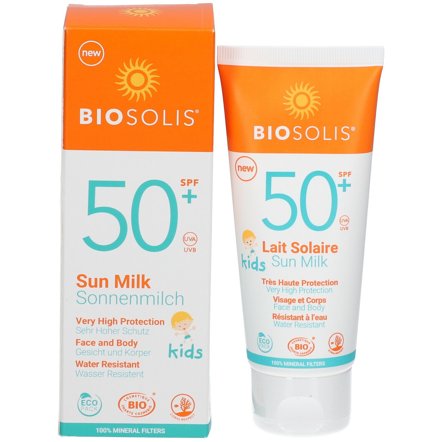 Tube et emballage de lait solaire. SPF 50+ et nom du produit. Texte : Sun Milk, Très Haute Protection.