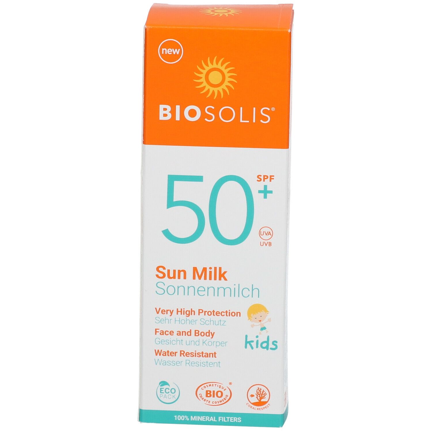 Emballage de lait solaire avec SPF 50+. Texte : Sun Milk, Très Haute Protection, et nom du produit.