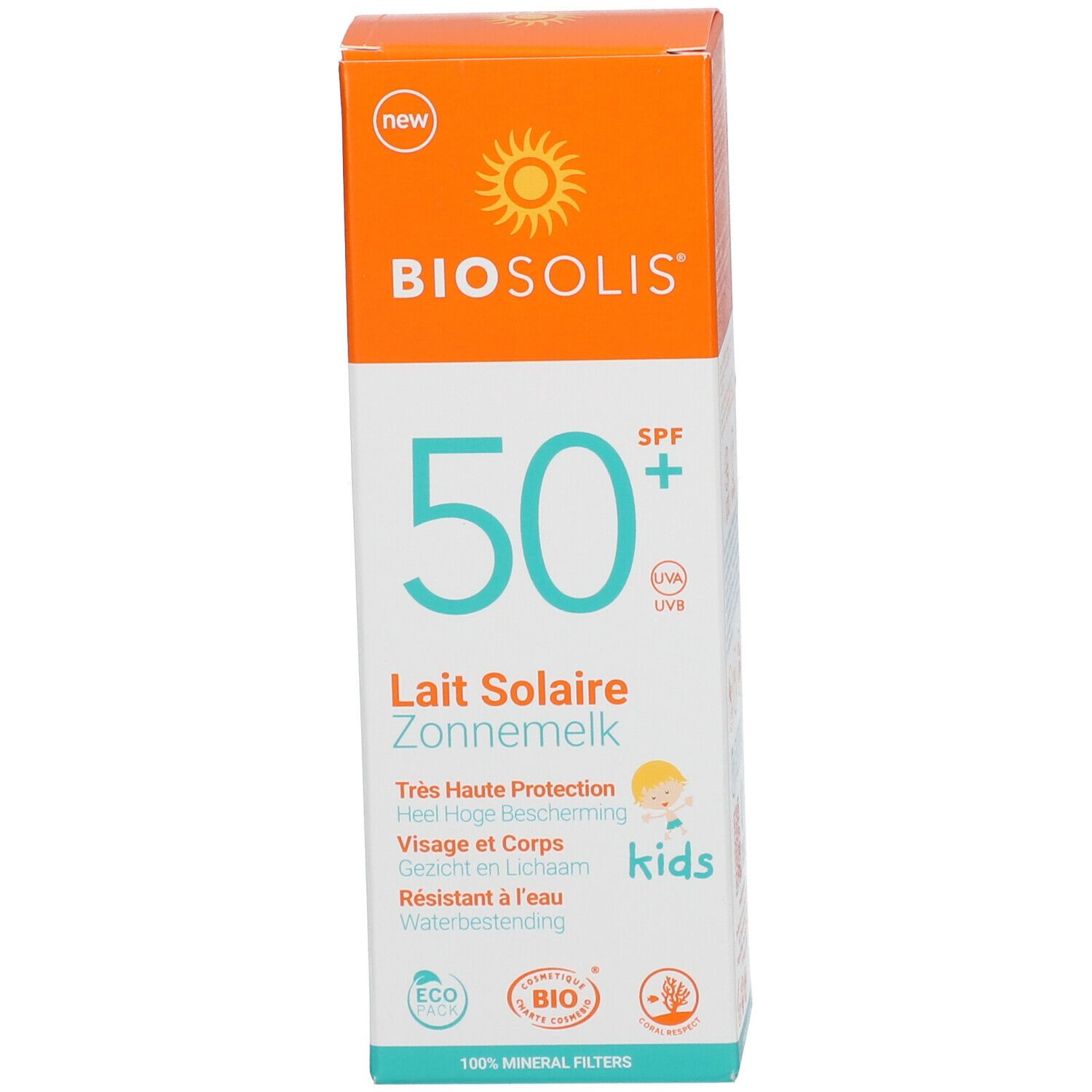 Emballage de lait solaire. Texte : Lait Solaire, Zonnemelk, SPF 50+, Très Haute Protection, et nom du produit.