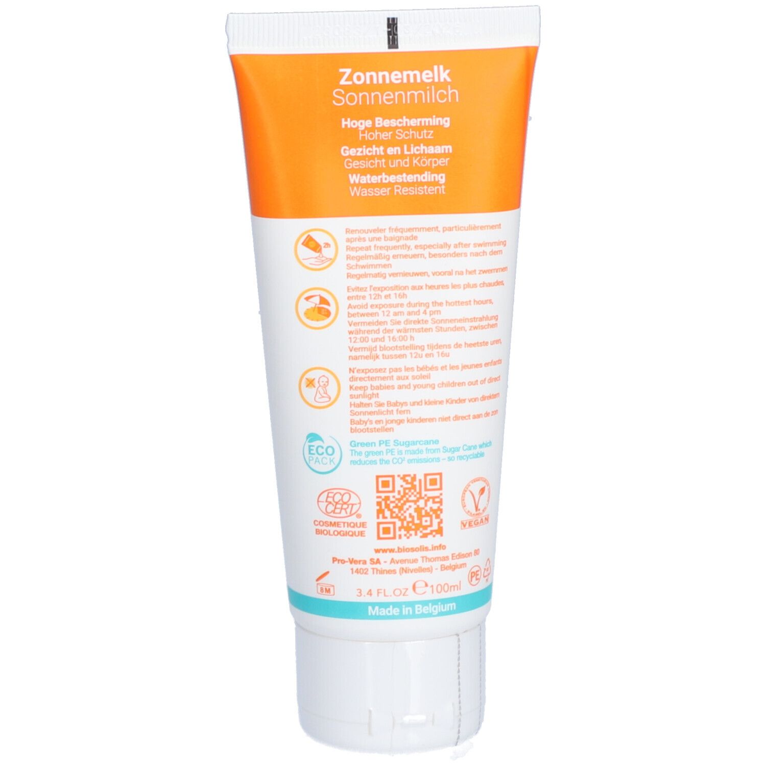 Dos du tube de lait solaire. Contient des informations sur les ingrédients, l'utilisation et les certifications. Avec code QR.