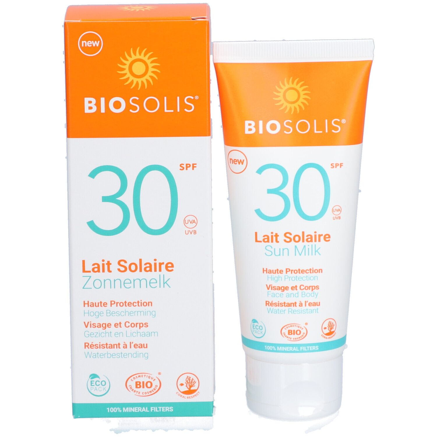 Tube et emballage de lait solaire. Inscription BIOSOLIS, SPF30, Lait Solaire, Sun Milk. Emballage avec logo et informations.