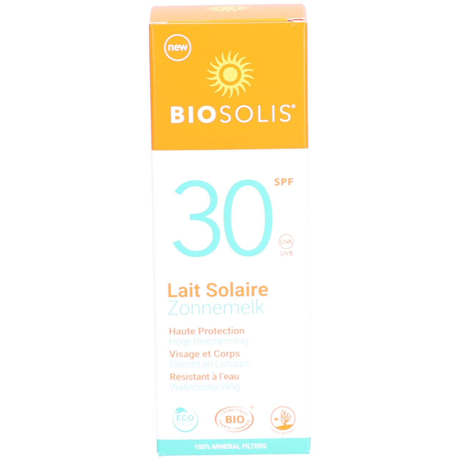 Emballage du lait solaire. Inscription BIOSOLIS, SPF30, Lait Solaire, Sun Milk. Avec logo et informations produit.