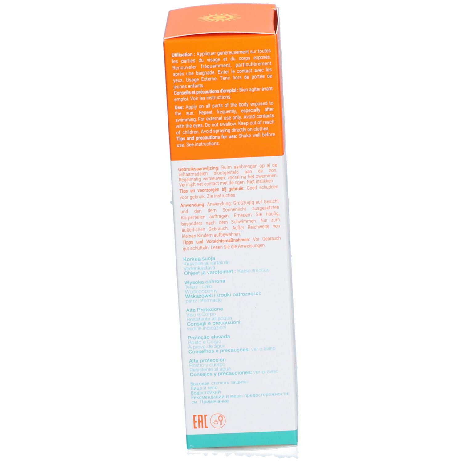 Côté de l'emballage du lait solaire. Contient des instructions d'utilisation et des précautions. Texte multilingue.