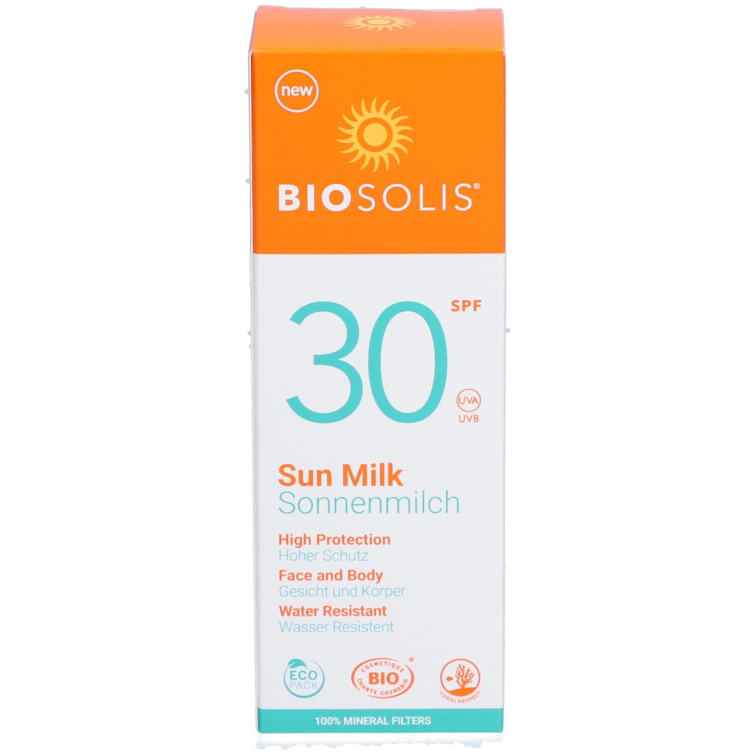 Emballage du lait solaire. Inscription BIOSOLIS, SPF30, Sun Milk, Sonnenmilch. Avec logo et informations produit.