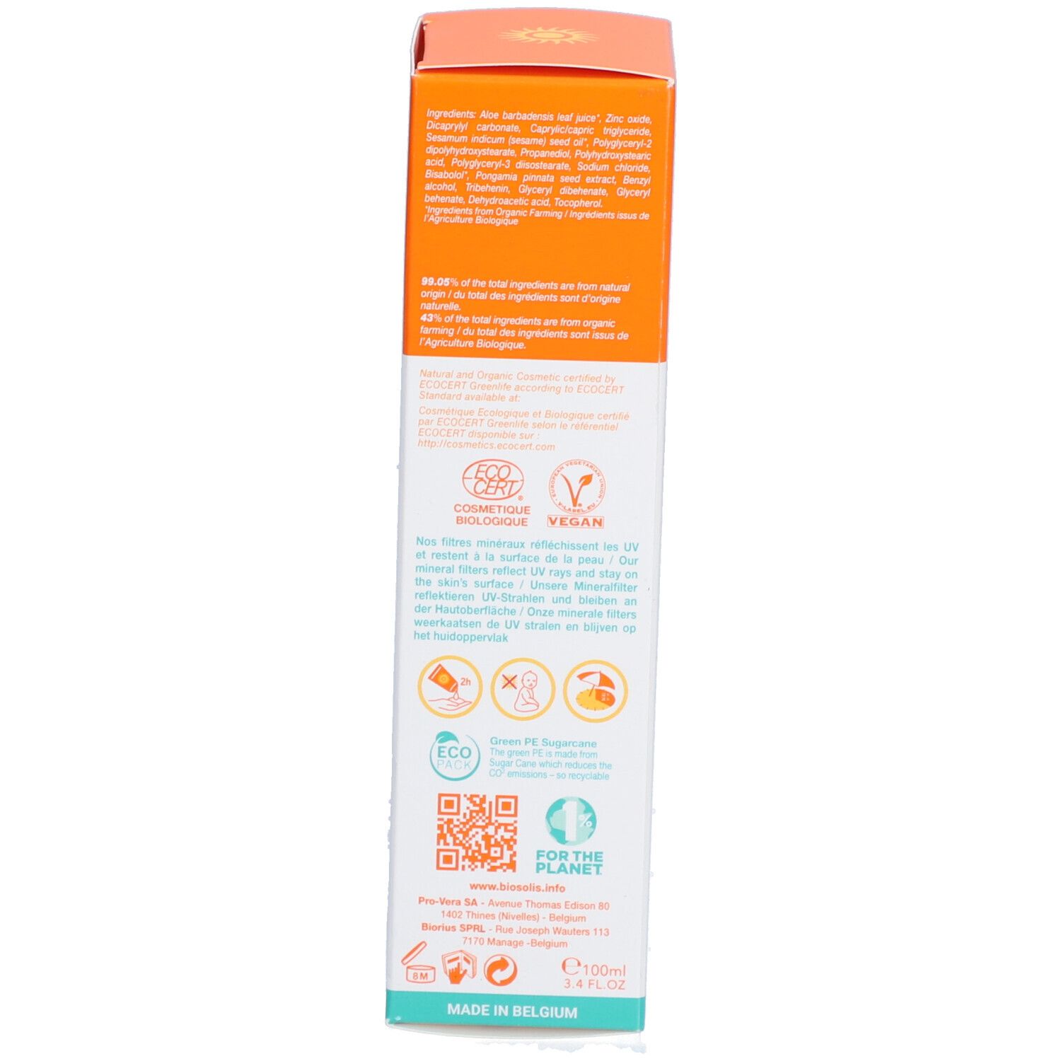 Dos de l'emballage du lait solaire. Contient des informations sur les ingrédients, les certifications et le code QR.