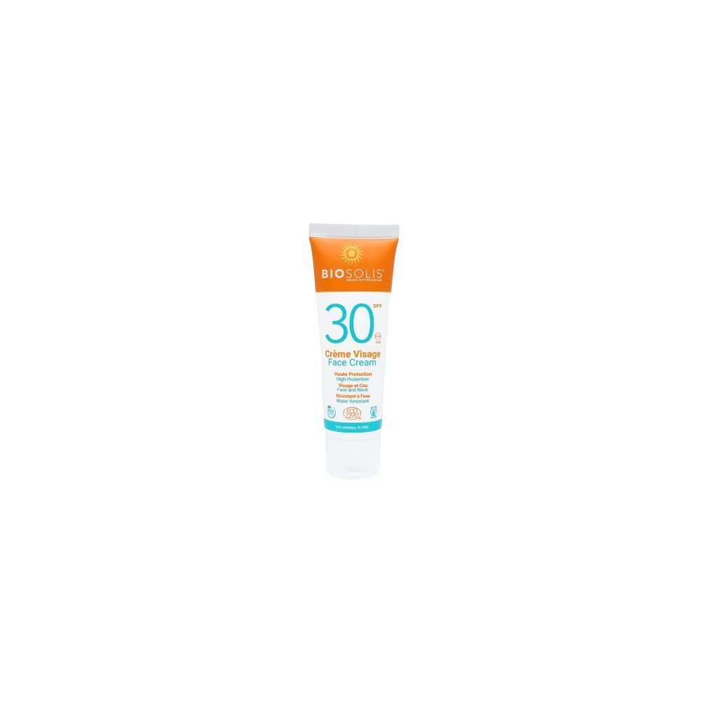 Zonnecrèmetube met SPF 30. Oranje-witte tube met productnaam en zonlogo.