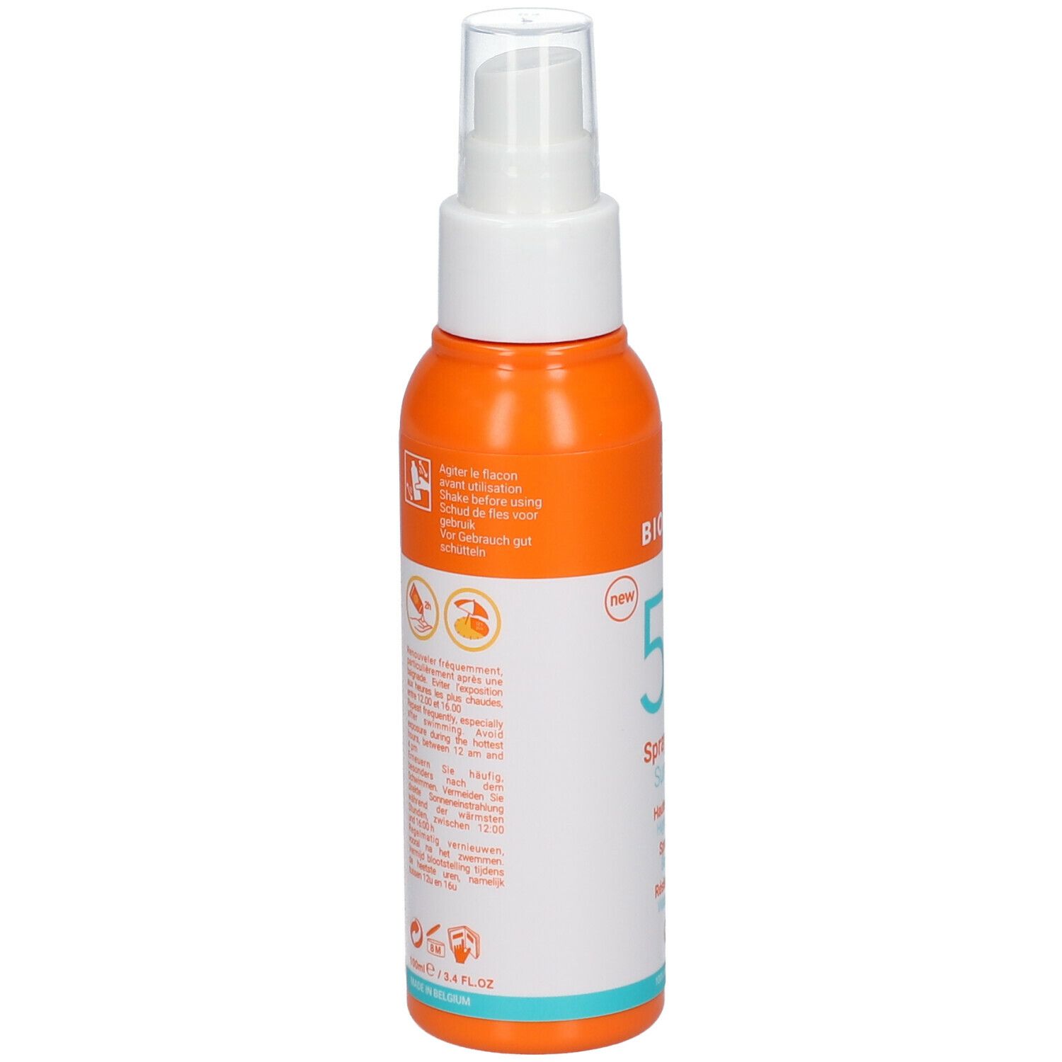 Dos du flacon de spray solaire. Texte : instructions d'utilisation, ingrédients, avertissements. Orange et blanc.