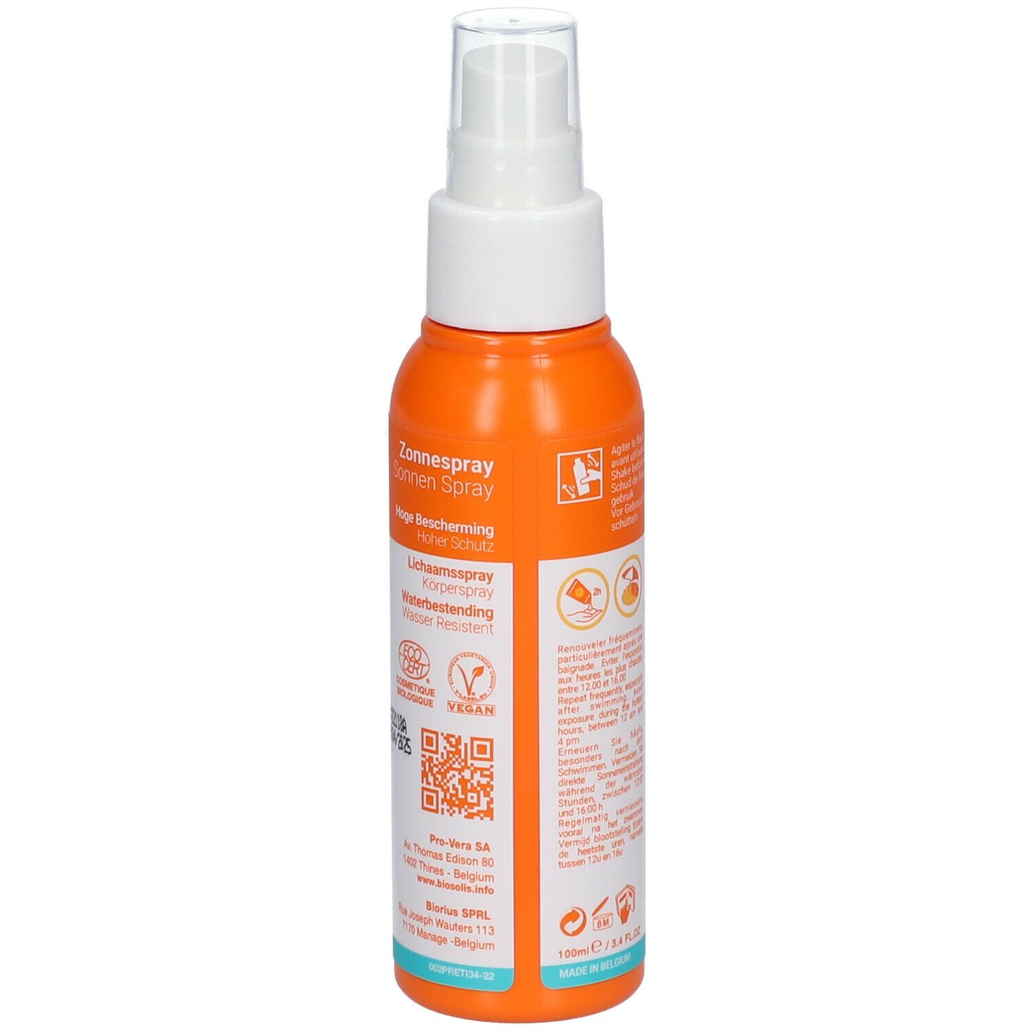 Dos du flacon de spray solaire. Texte : Zonne Spray, résistant à l'eau, vegan. Orange et blanc.