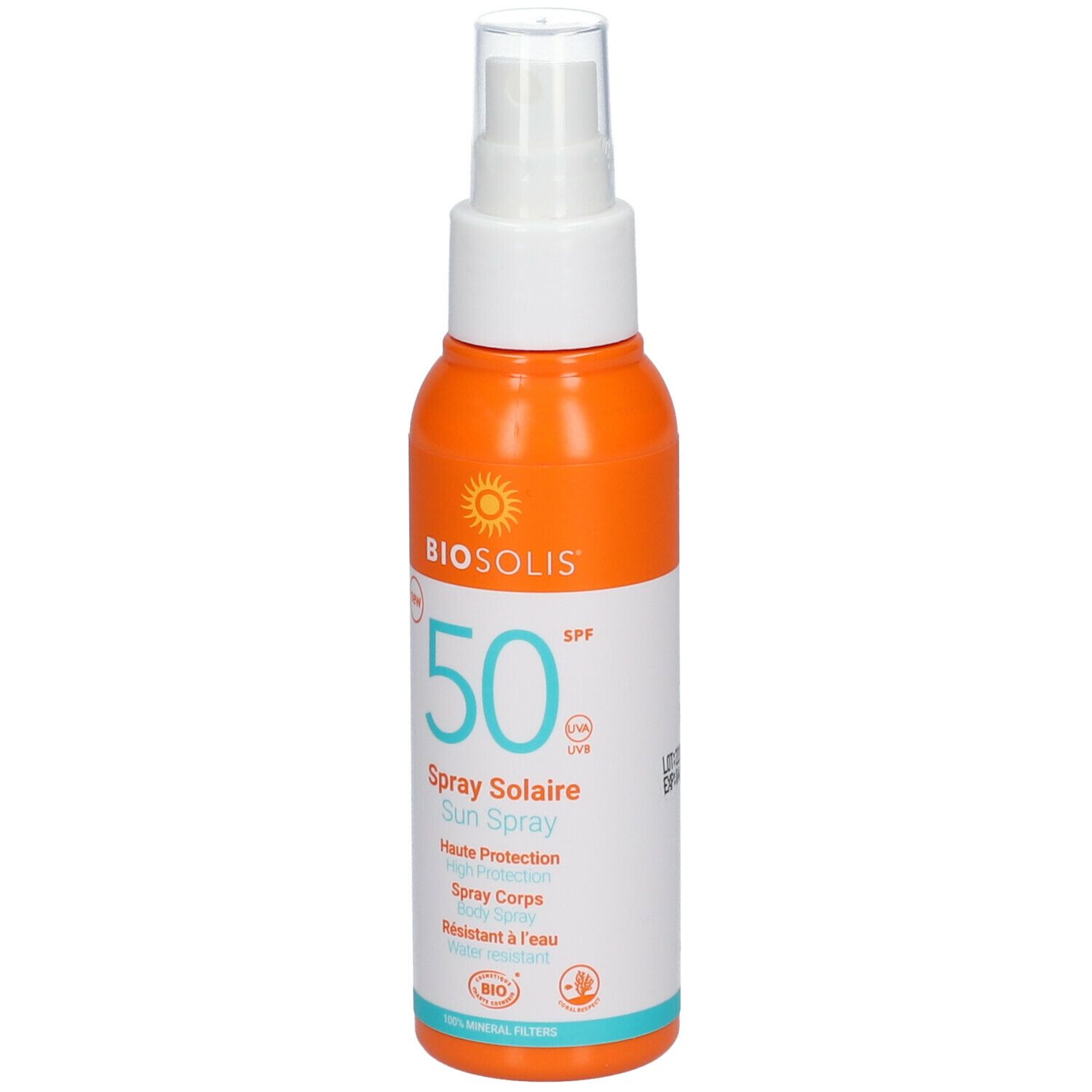 Flacon de spray solaire orange et blanc. Inscription : BIOSOLIS, SPF 50, Spray Solaire, résistant à l'eau.