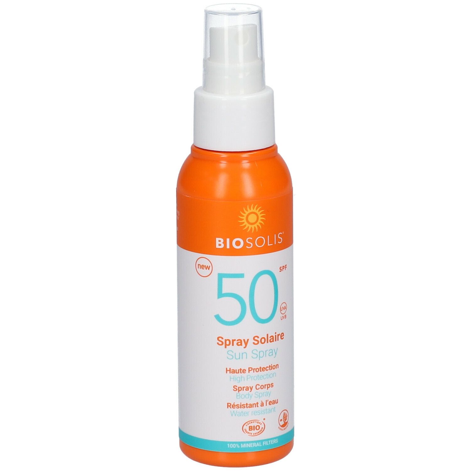 Flacon de spray solaire orange et blanc. Inscription : BIOSOLIS, SPF 50, Spray Solaire, résistant à l'eau.