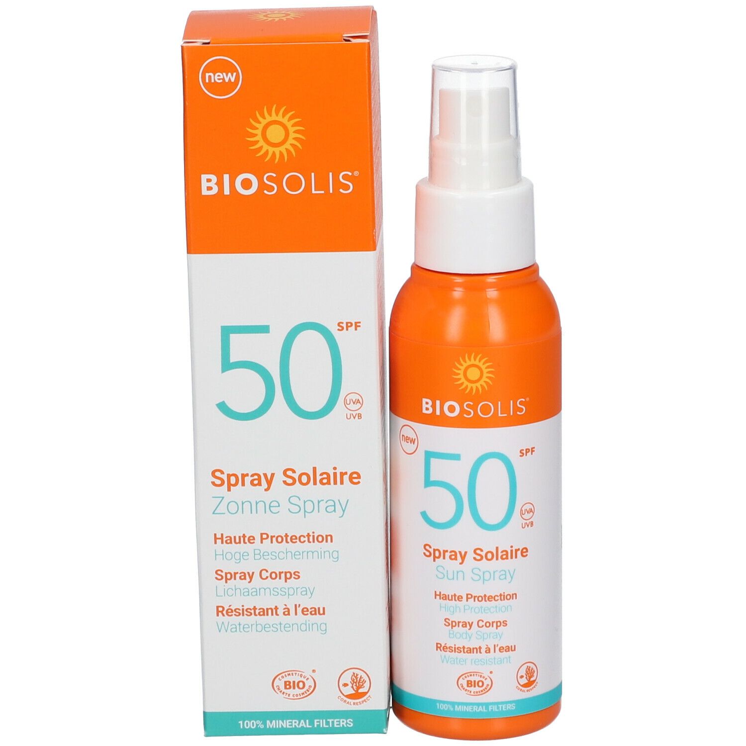 Flacon de spray solaire et boîte. Inscription : BIOSOLIS, SPF 50, Zonne Spray, résistant à l'eau. Orange et blanc.