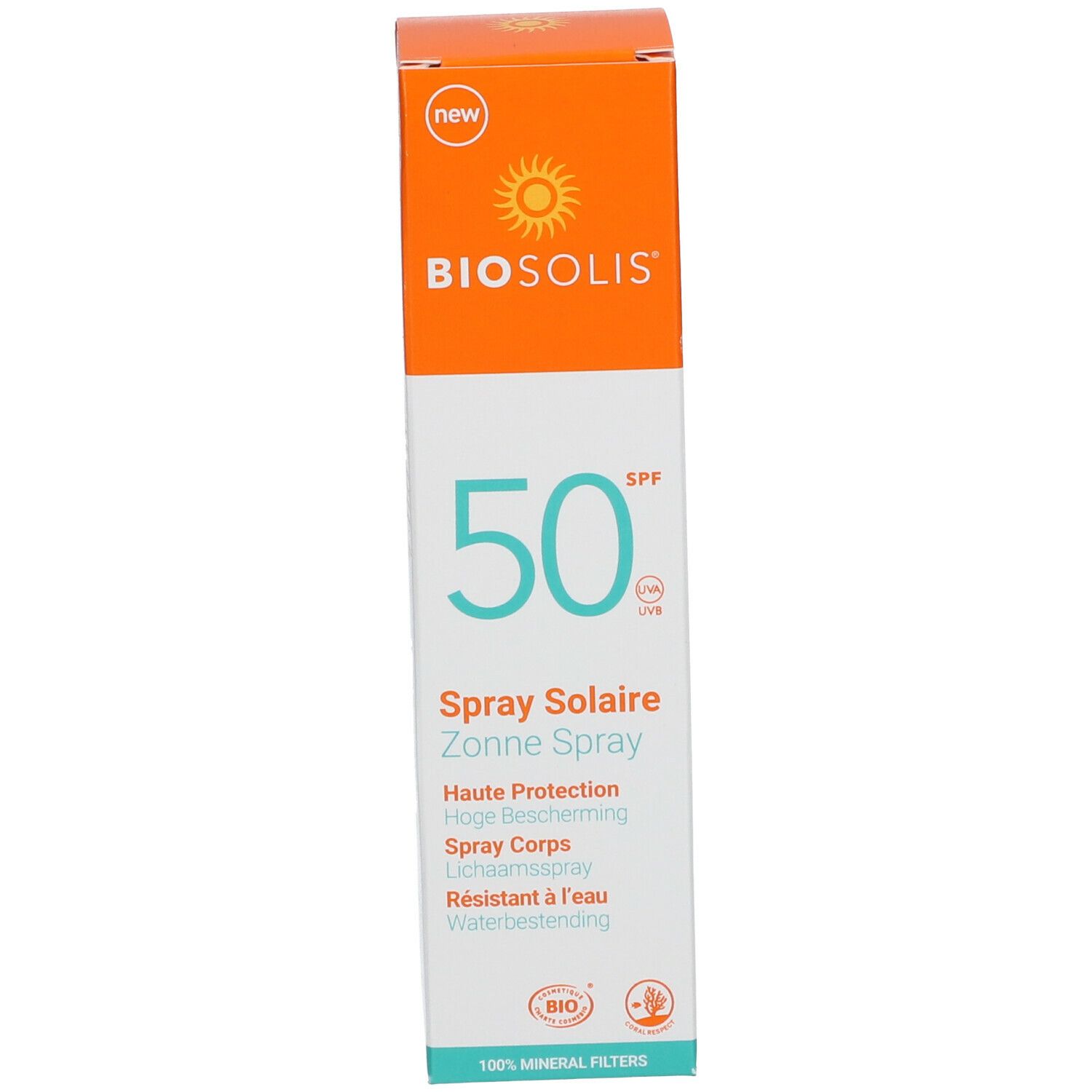Boîte de spray solaire. Inscription : BIOSOLIS, SPF 50, Zonne Spray, résistant à l'eau. Orange et blanc.