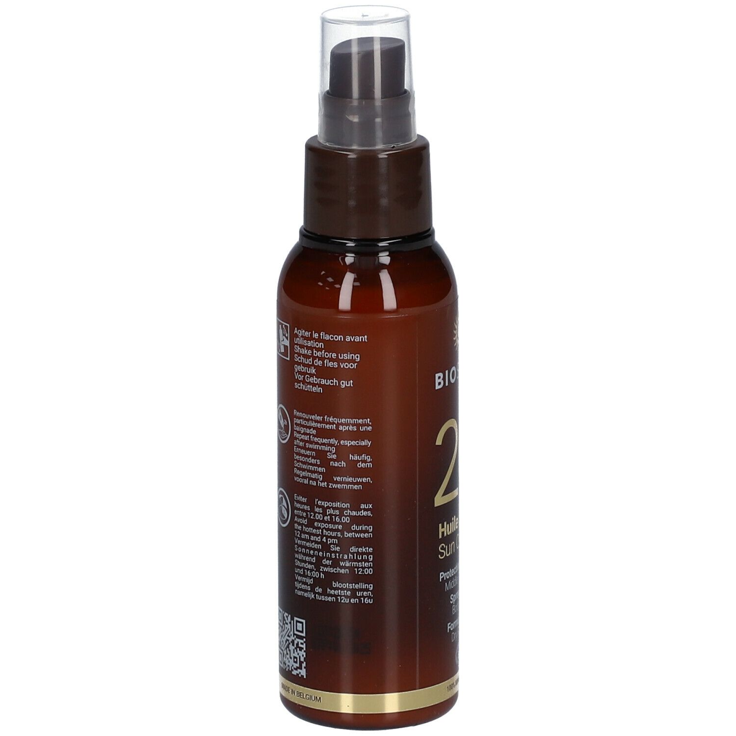 Dos d'un flacon spray brun. Texte: mode d'emploi, ingrédients, certification BIO.