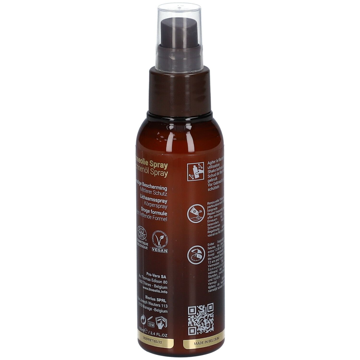 Dos d'un flacon spray brun. Texte: mode d'emploi, certification BIO, logo Vegan.