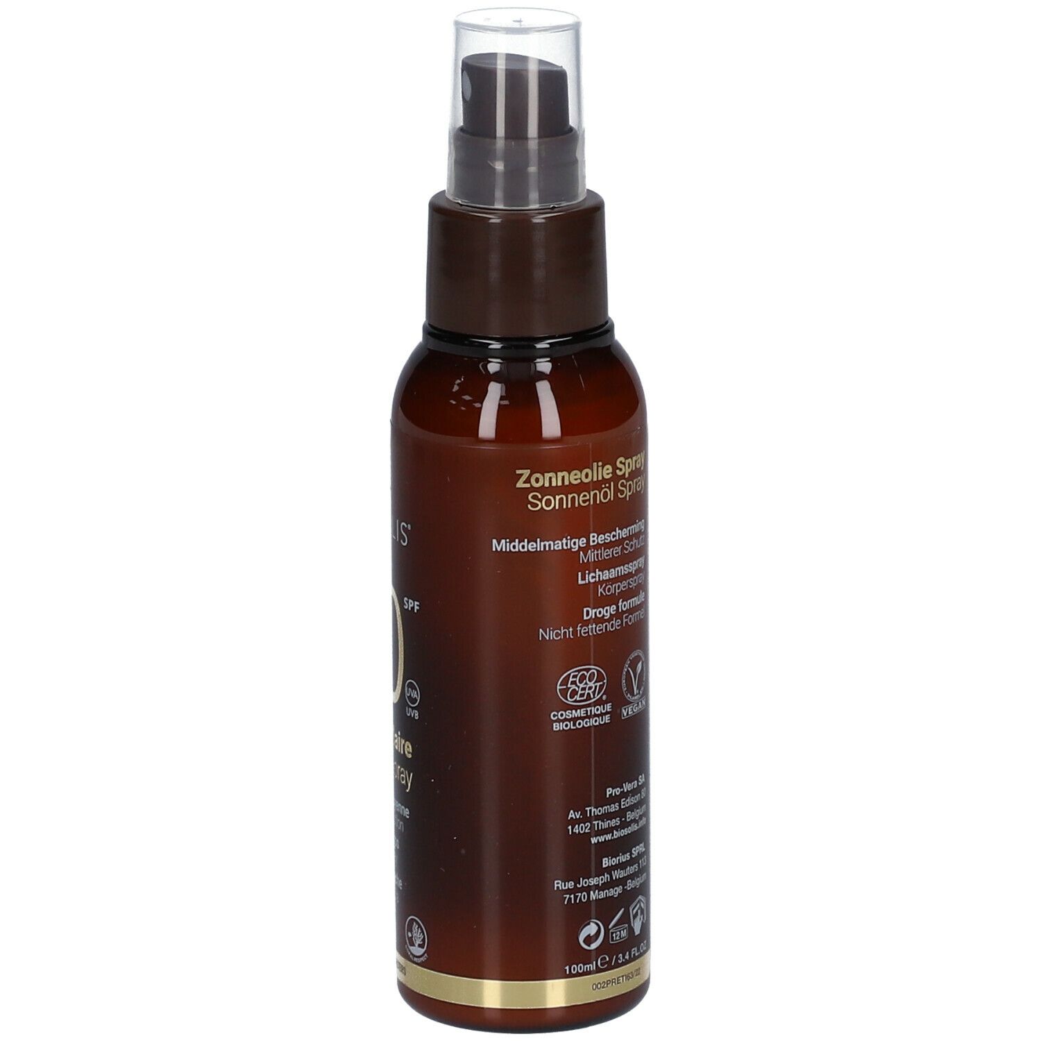 Dos d'un flacon spray brun. Texte: mode d'emploi, certification BIO, logo Vegan.