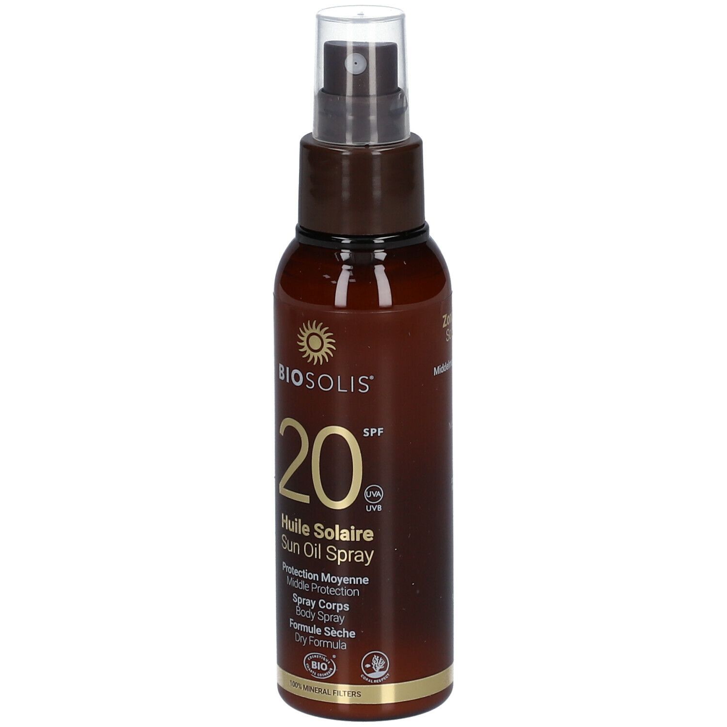 Flacon spray brun. Inscription: BIO, 20 SPF, Huile Solaire, Dry Formula.