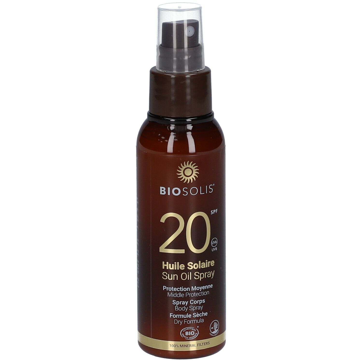 Flacon spray brun. Inscription: BIO, 20 SPF, Huile Solaire, Dry Formula.