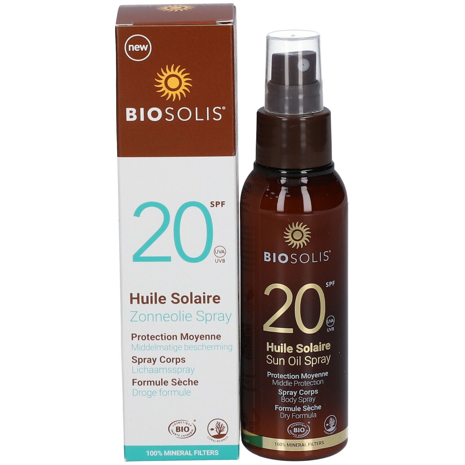 Emballage et flacon spray. Inscription: BIO, 20 SPF, Huile Solaire, Dry Formula.