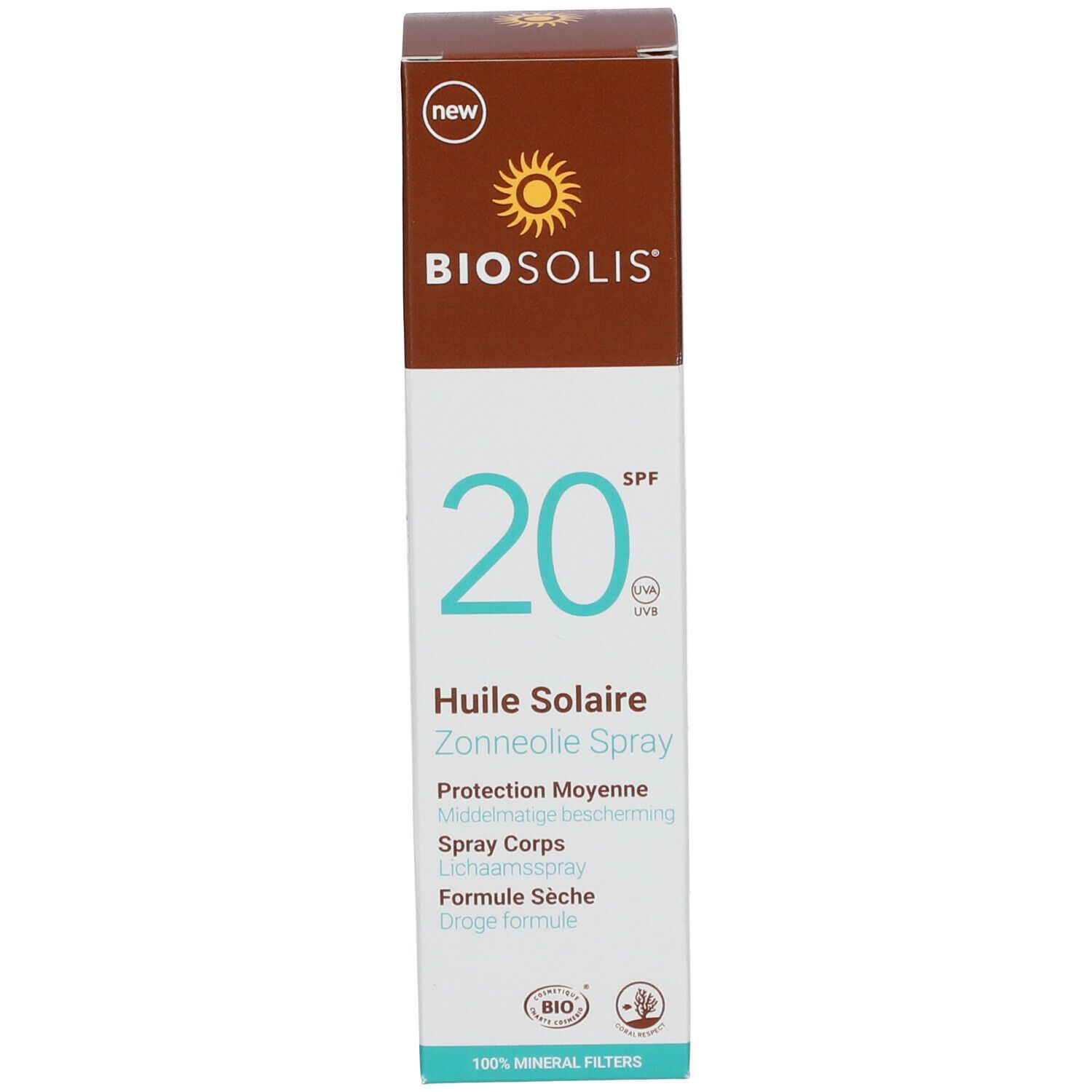 Emballage du produit. Inscription: BIO, 20 SPF, Huile Solaire, Dry Formula.