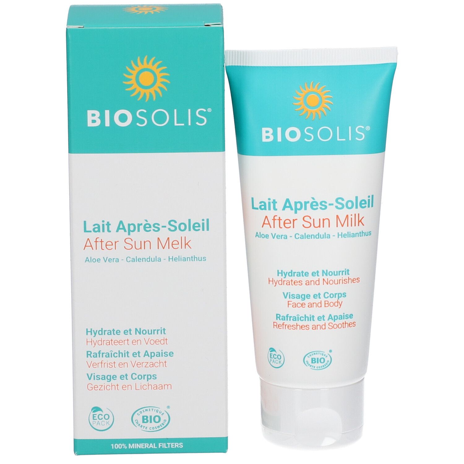 Produktverpackung mit Tube After Sun Milk. Box und Tube im türkisch-weißen Design. Text: BIOSOLIS, Lait Après-Soleil. Öko-Zertifizierung.