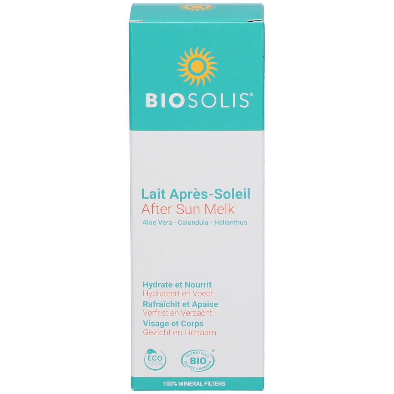 Produktbox After Sun Milk. Türkis-weißes Design. Text: BIOSOLIS, Lait Après-Soleil, Aloe Vera, Calendula, Helianthus. Öko-Zertifizierung.