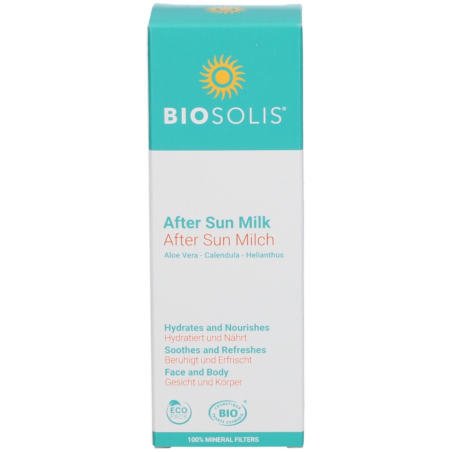 Produktbox After Sun Milk. Türkis-weißes Design. Text: BIOSOLIS, After Sun Milk, Aloe Vera, Calendula, Helianthus. Öko-Zertifizierung.