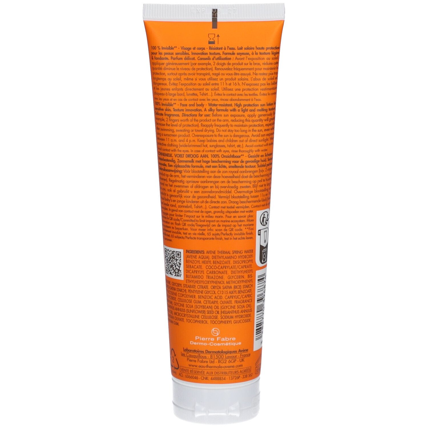 Rückseite der Sonnencreme-Tube. Textinformationen, Inhaltsstoffe, QR-Code, Herstellerinformationen.